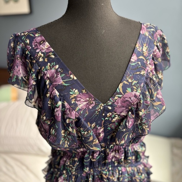 MELLODAY Floral Chiffon Midi Maxi Deep V-neck Flutter Sleeve Dress w Pockets - Picture 15 of 17